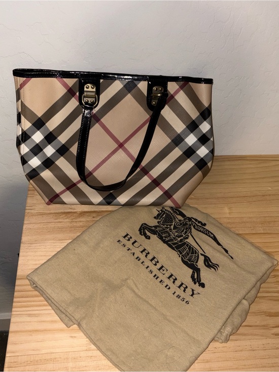 Burberry Handbags - Burberry Tan Check Tote with Black Trim and Burgundy Accents